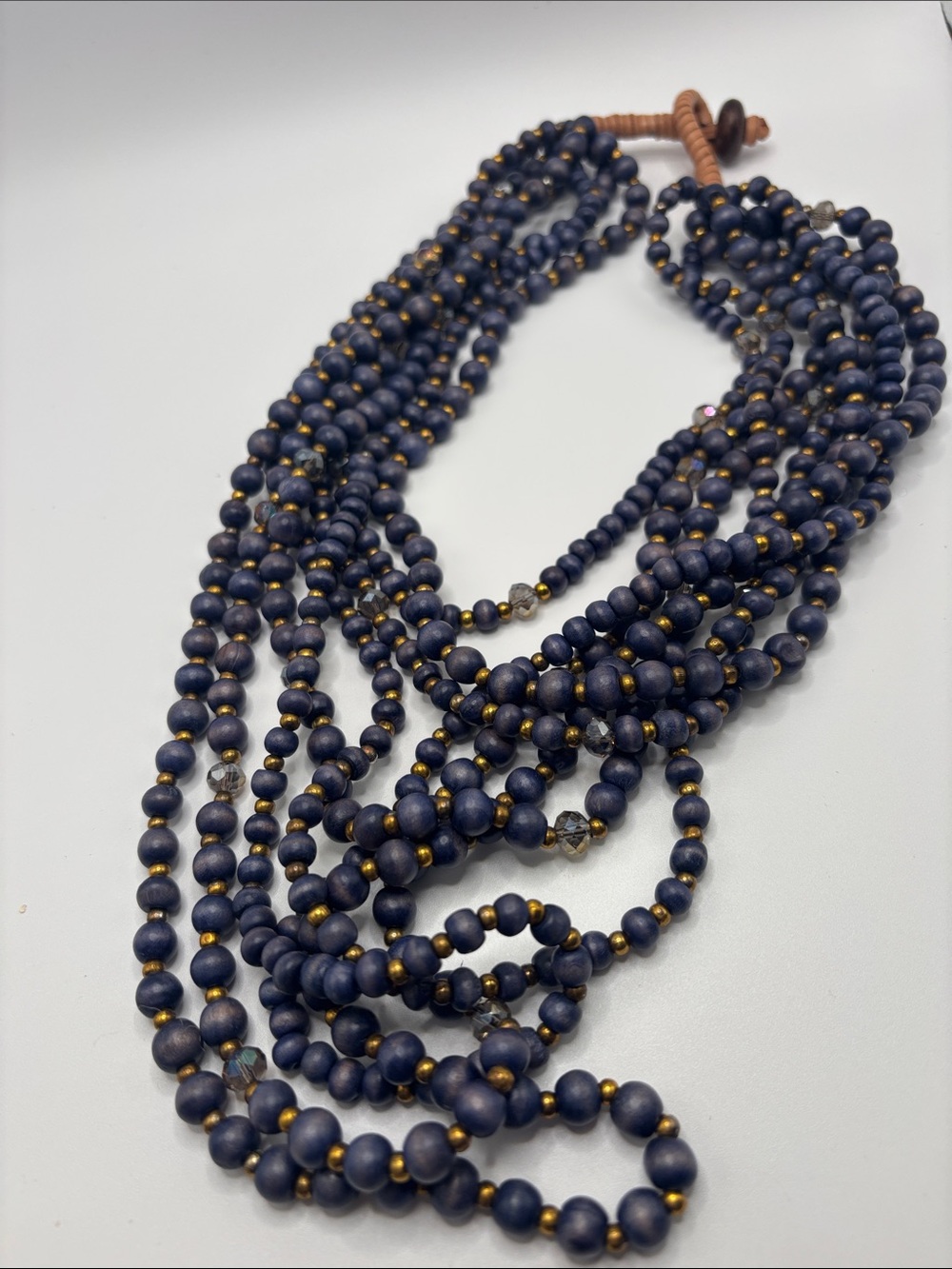 Indigo Blue Wood Bead Multi Strand Statement Necklace Gold Tone Boho